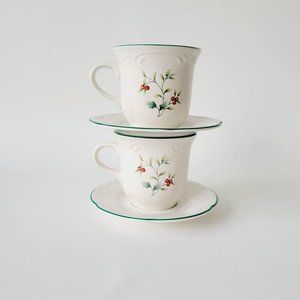 Pfaltzgraff Winterberry Coffee Cups & Saucers (2), Christmas Stoneware Mugs